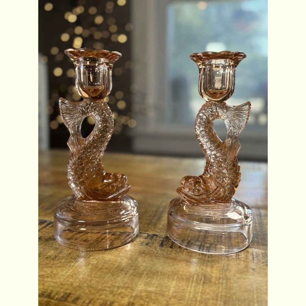 1930's Pink Depression Glass Koi Fish Candlestick Pair Chinoiserie Dragon
